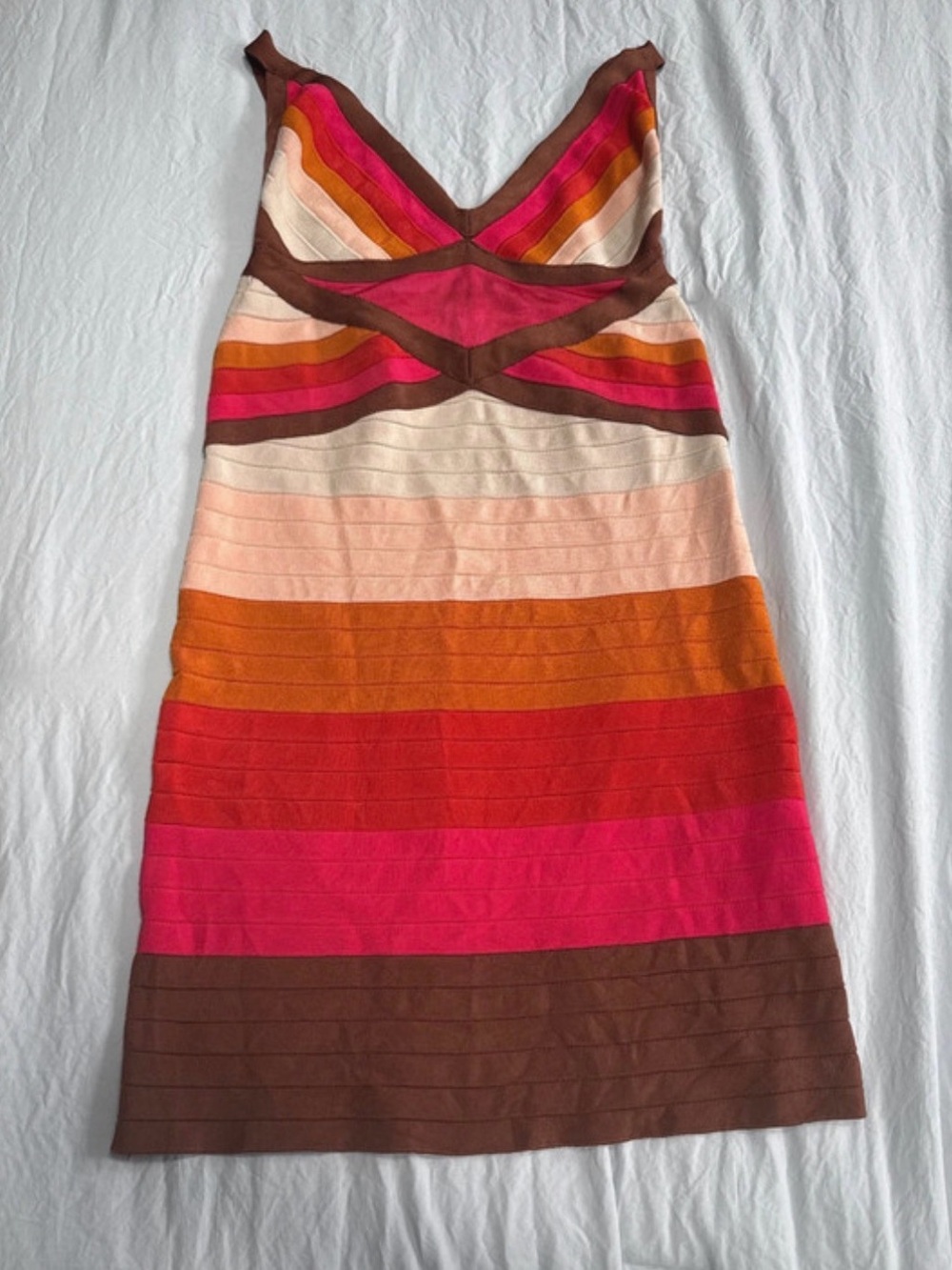 Missoni Striped V-Neck Knit Bandage Mini Dress in Pink, Orange, Cream & Brown
